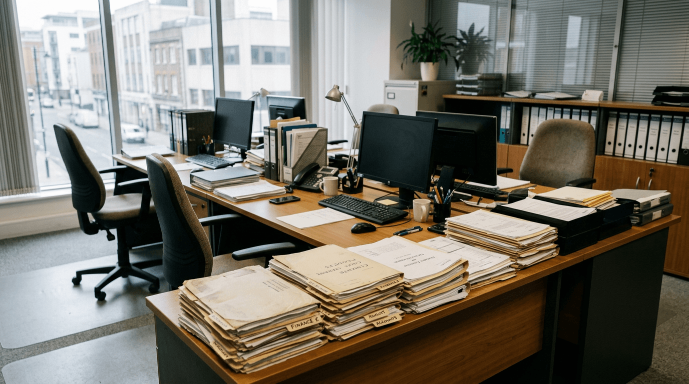 Empty desks with stacked client folders illustrating the accountant shortage 2026 capacity gap