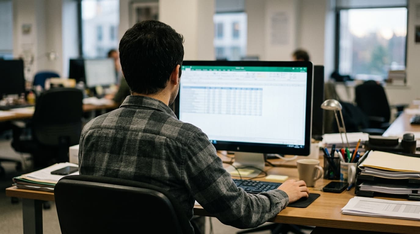 A person sits at a desk viewed from behind, working on a computer monitor displaying an email template for an accounting firm.