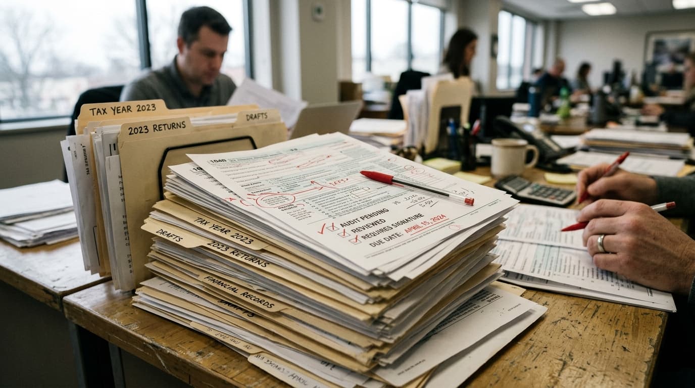 Stack of client tax files marked with red pen during an accounting firm review process