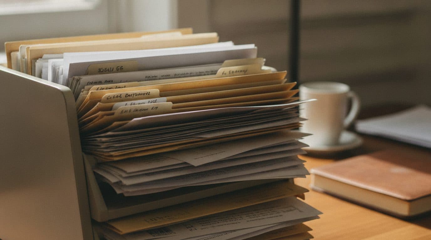 An overflowing paper inbox tray of client folders and bank statements on an accountant's desk in morning light