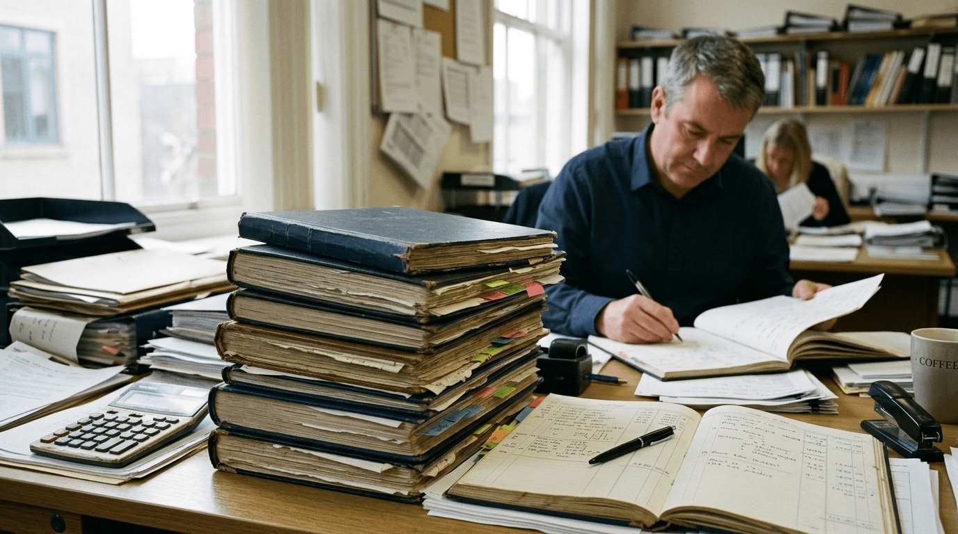 Small accounting firm desk showing where AI in accounting fits into daily paperwork