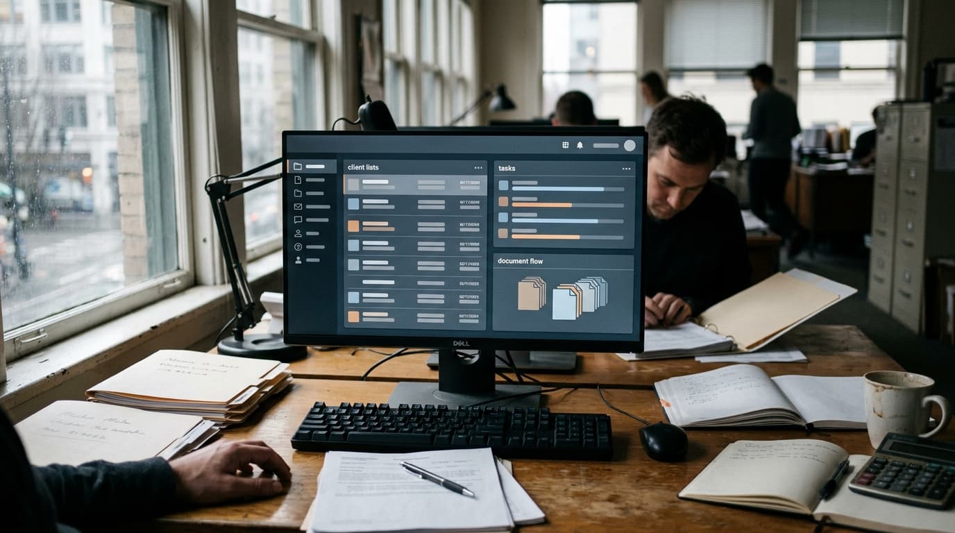 A client portal software dashboard interface displayed on a screen at an accountant's desk, representing the best client portal software for accountants in 2026.