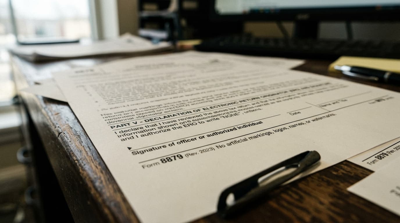 Close-up of IRS Form 8879 signature line, illustrating best e-signature software for accountants