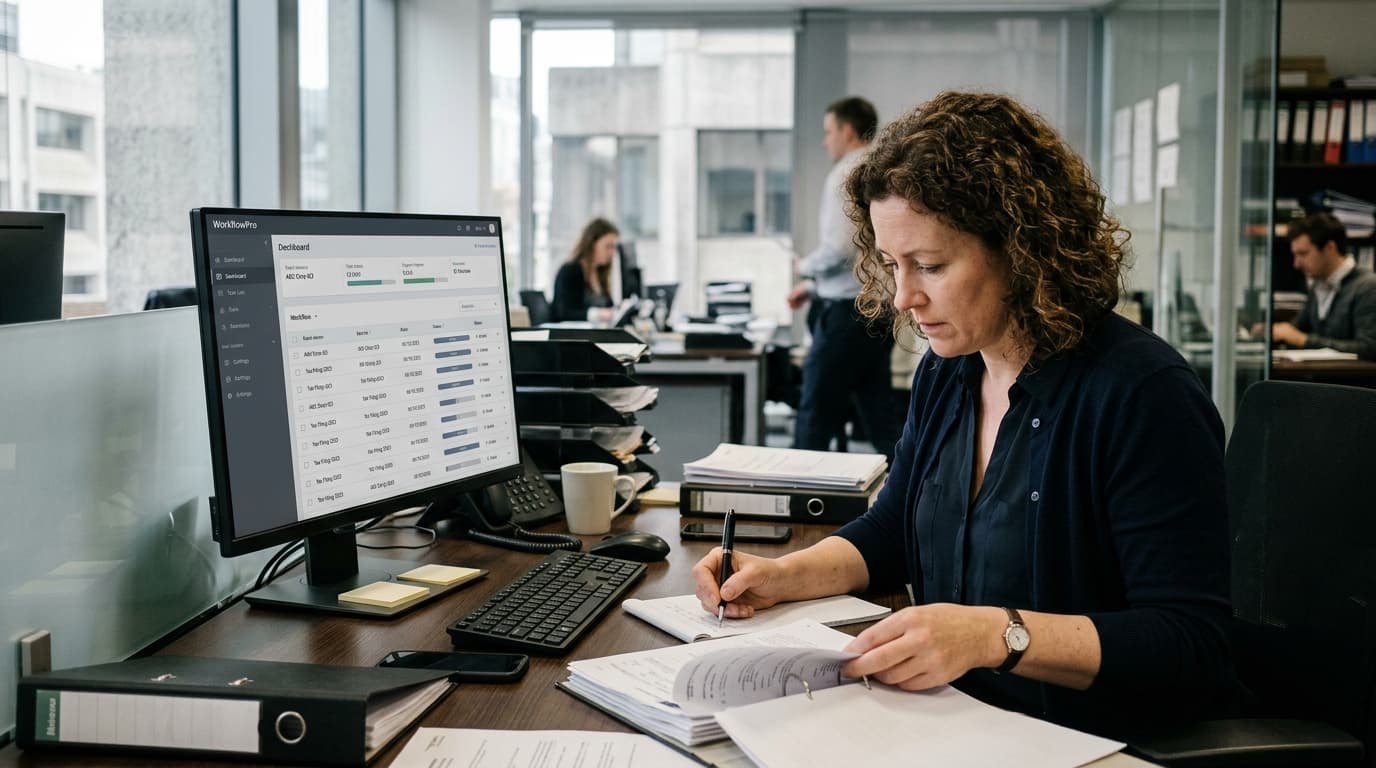 Accounting firm desk showing best practice management software for accountants on screen
