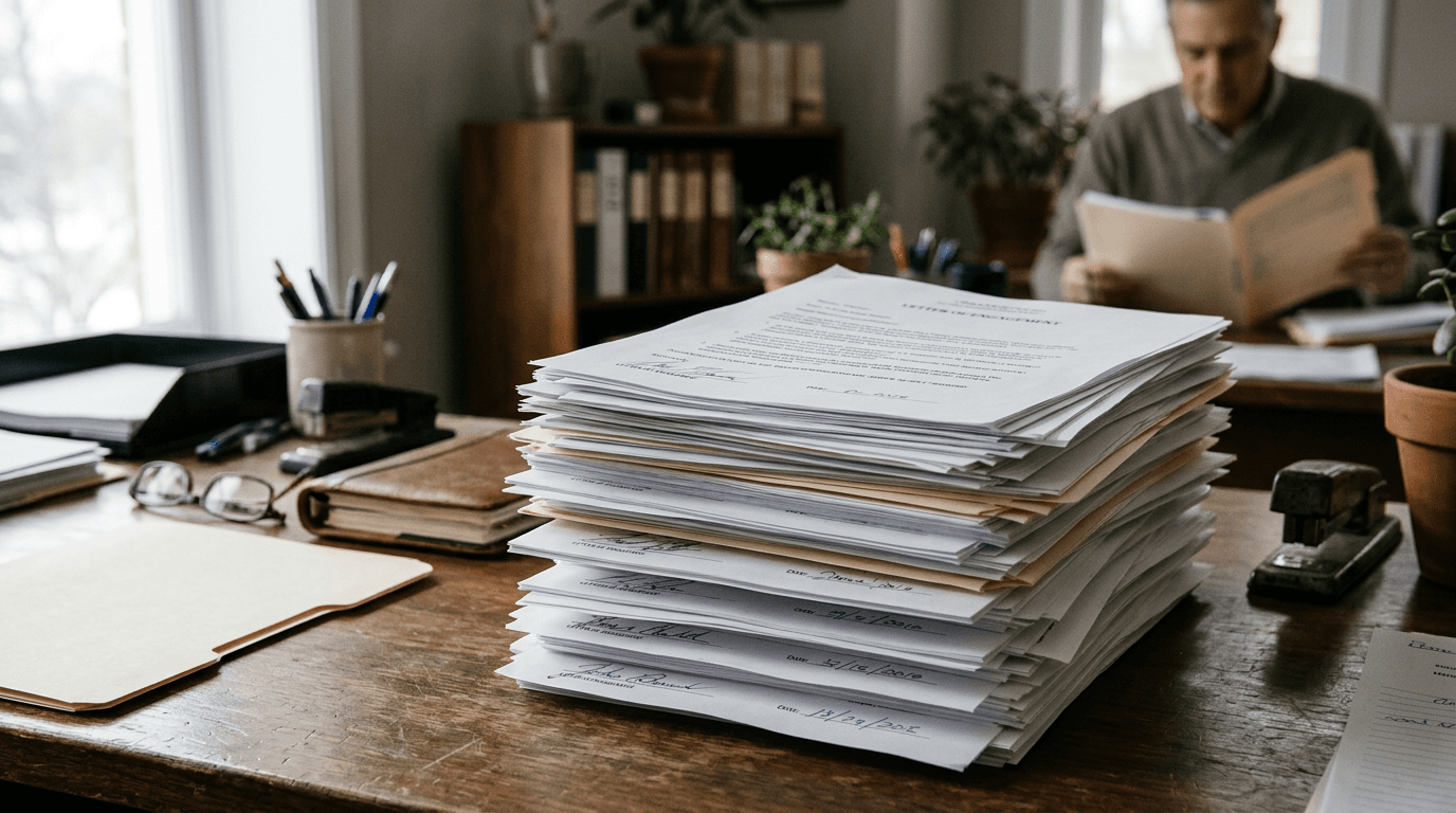 Stack of signed client folders illustrating engagement letter automation for accountants in a small firm office