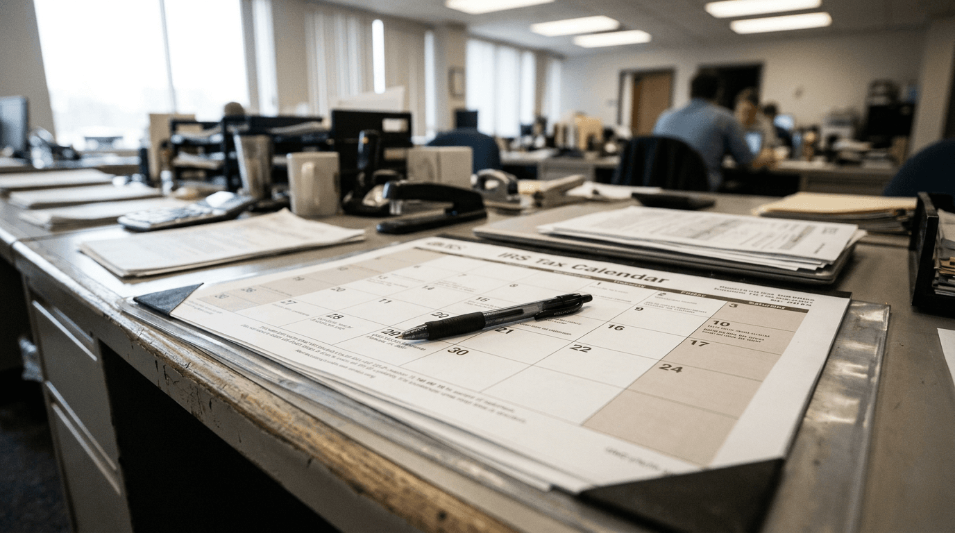 Printed IRS tax calendar showing estimated tax due dates 2026 on office desk
