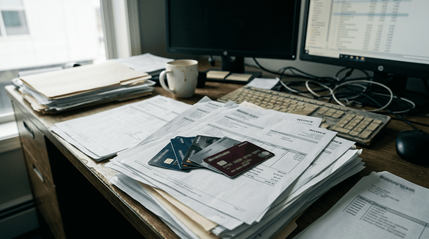 Corporate cards and invoices on a desk illustrating ramp vs bill.com for accounting firms