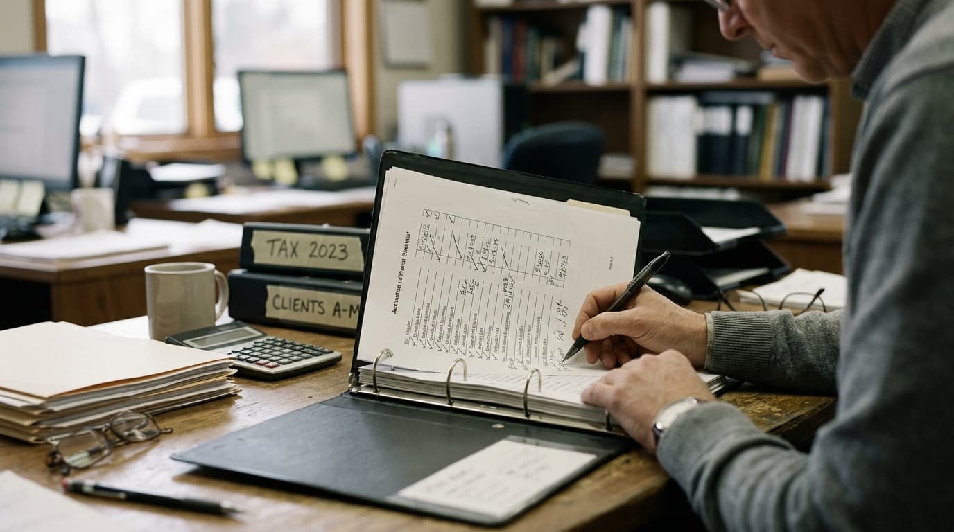 Printed tax prep workflow SOP checklist template sitting on an accountant's desk