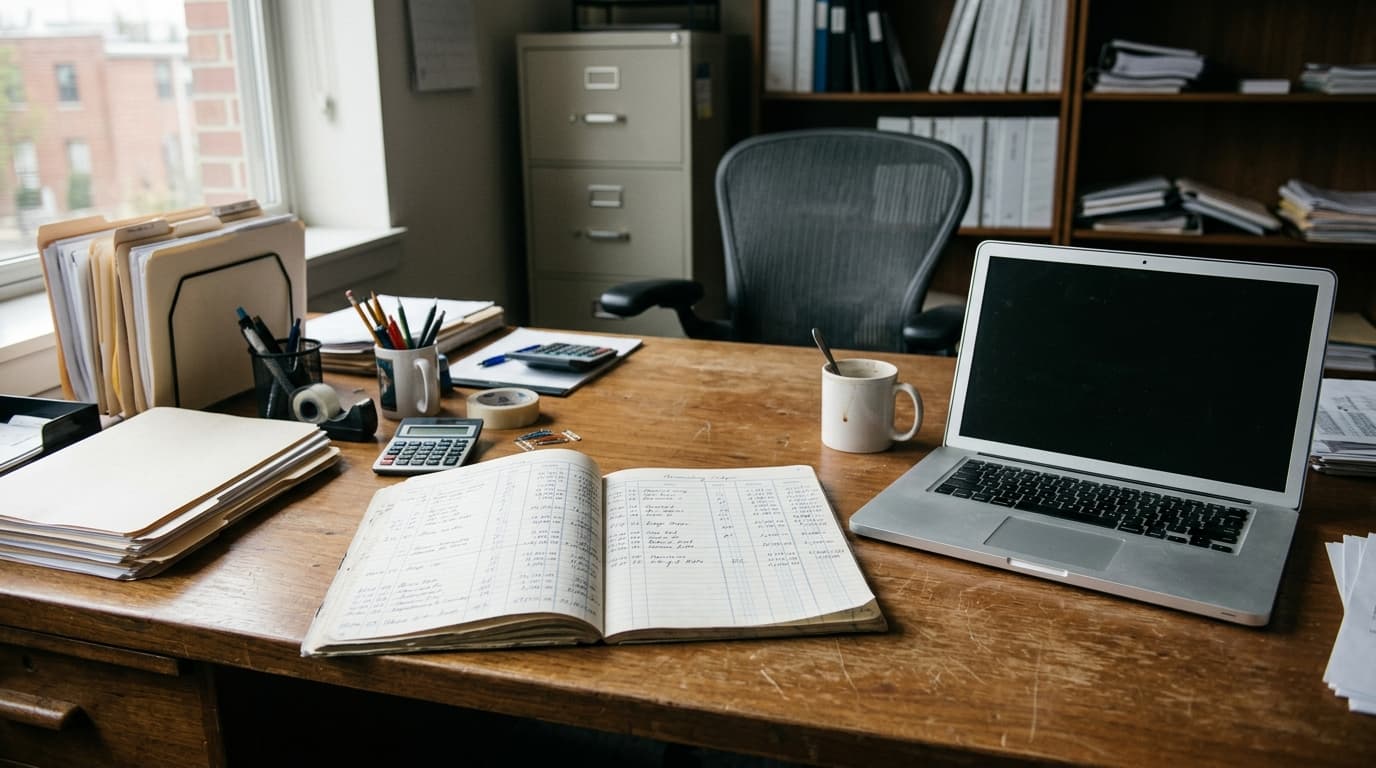 Bookkeeper desk with laptop illustrating whether AI will replace bookkeepers in 2026